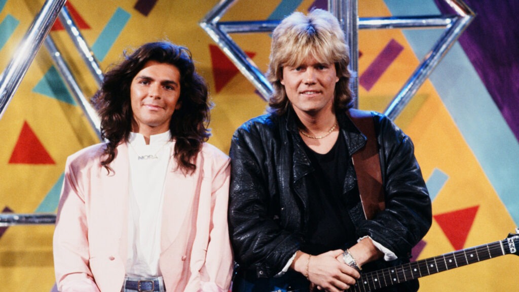 Modern Talking beim WWF Club 1986 - Modern Talking, Thomas Anders und Dieter Bohlen (v. l. n. r.), WDR TV-Show, WWF Club, 1986.